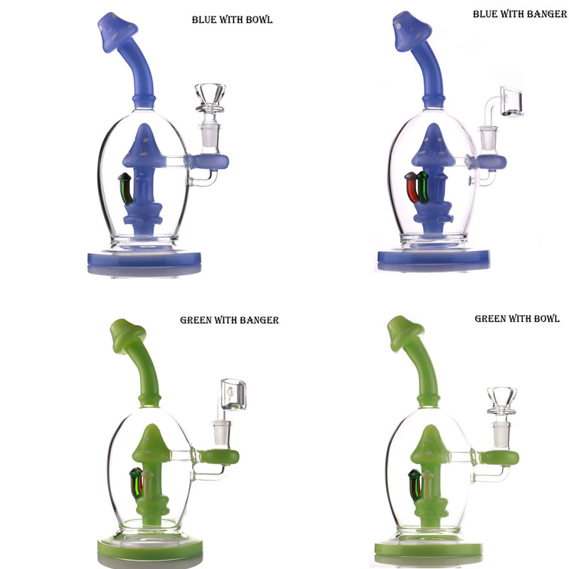 

Mushroom style Glass Hookah Purple and Green Color Smoking Pipes 8.5 Inchs Tall Recycler Dab Rigs Water Bongs With 14mm Bowl