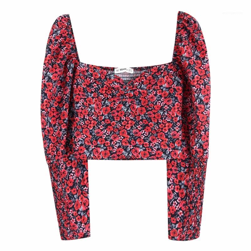 

Flower Printingt Square Collar Women Slim Shirt Crop Tops 2019 Autumn Leisure Lady Puff Sleeve Blouse S65691, As pic