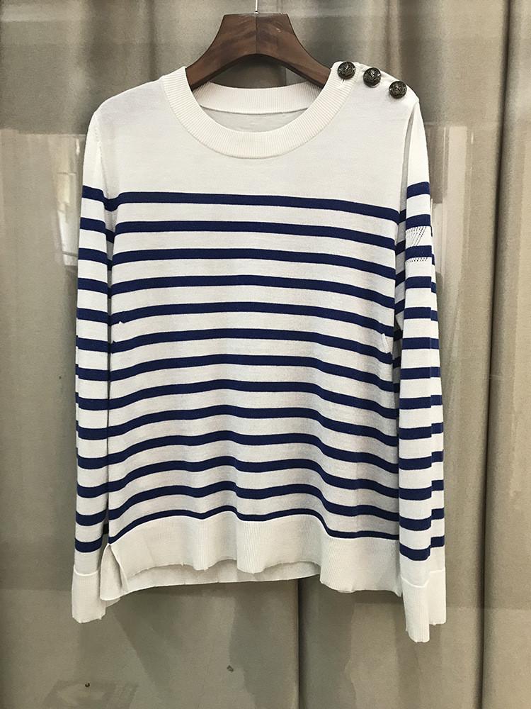

Stripes Women Sweater Hem Split Long Sleeve o-neck casual wild Ladies Knit Jumper Tops, As pic