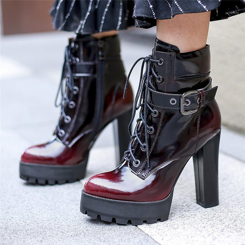 

Women Ankle Boots Platform Chameleon Belt Buckle Matin Boots New 2020 Autumn Winter Thick Heel High Heel Waterproof Round Toe1, Black