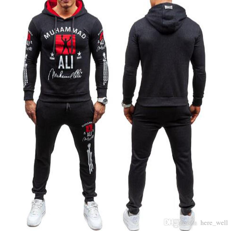 

Print Tracksuit Men Casual Sportswear Suits Mens Two Piece Sets Pullover Hoodies Pants male, Black