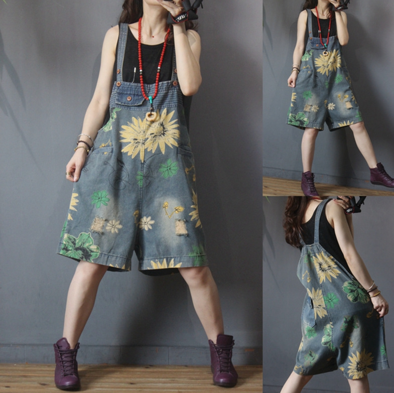 

Summer Denim Jumpsuits Women Loose Print Hole Loose Washed Female Jeans Fashion T200704, Blue