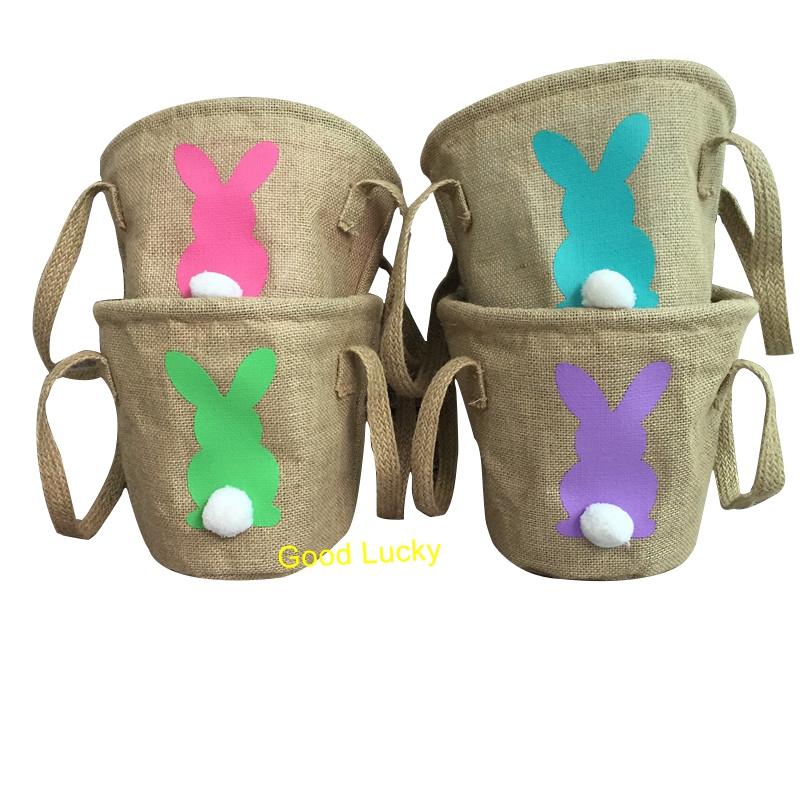 

10pcs/lot hot selling 4 colors burlap easter bucket personalize easter egg basket bag