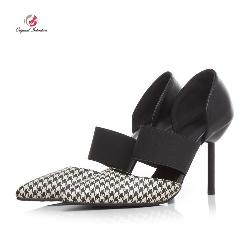 

Original Intention Sexy Lady Thin High Heels Pointed Toe Elastic Pumps Black White Plaid Shoes Party Women Size 3~10.5, Oi1256 black