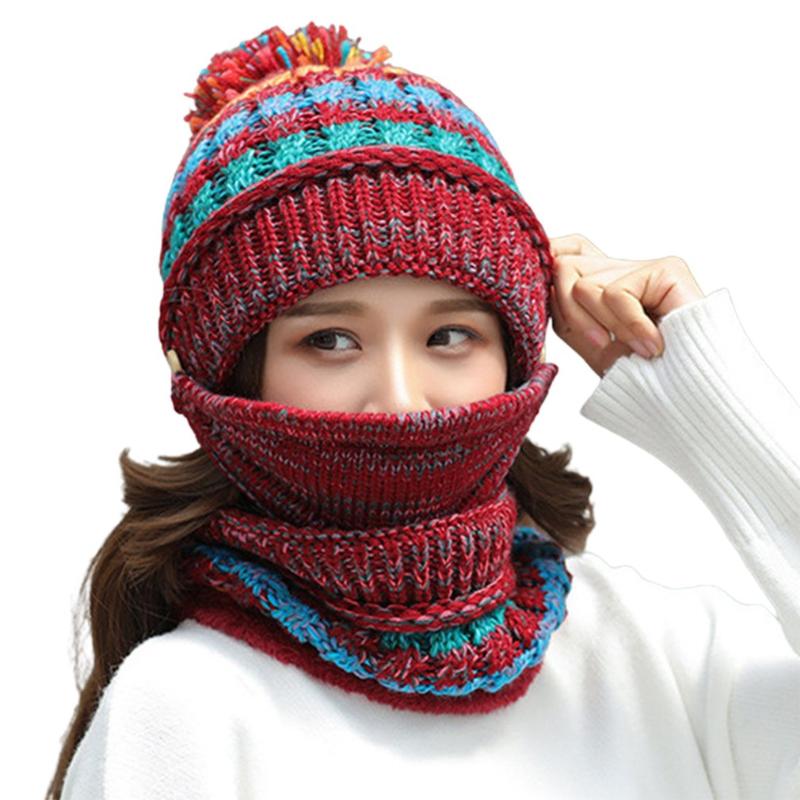 

Winter Hats For Women Mixed Color Stripe Knitted Beanies Hat Scarf 2 Pieces Sets Thick Warm Beanies Caps Female Bonnet Gifts