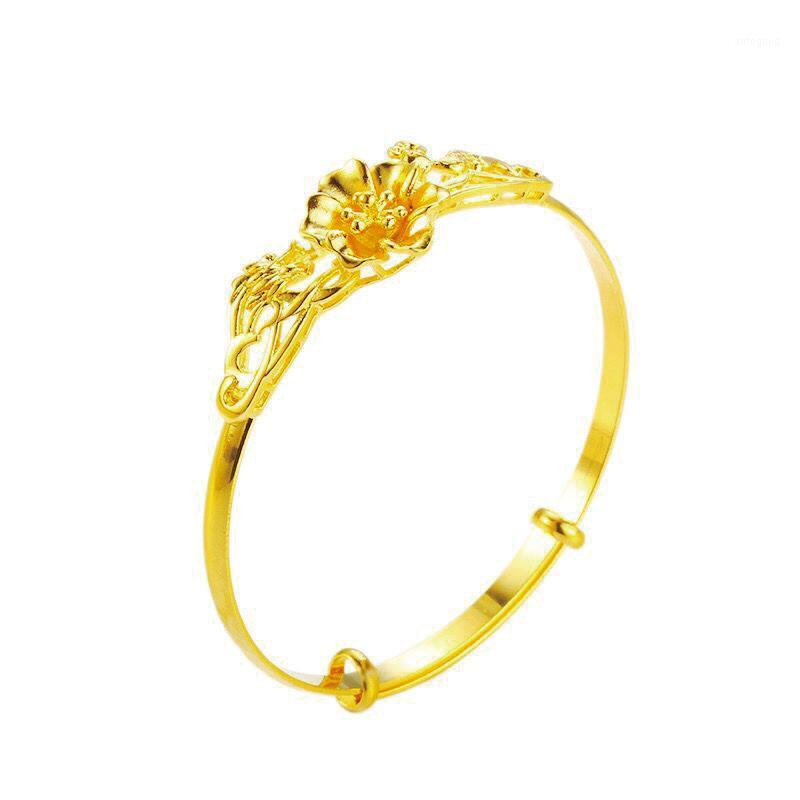 

MxGxFam Push and pull Flower Bangles Bracelets for Women Adjusted Bridal Wedding Jewelry Pure Gold Color Classical Style1
