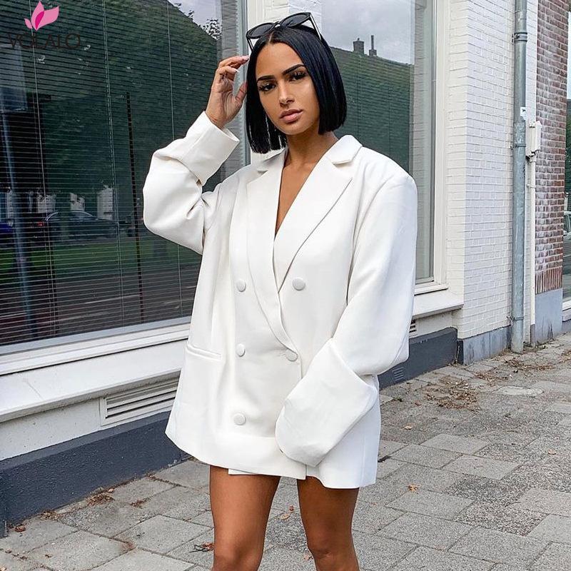 

2020 Double Breasted Notched Sexy Jacket Long Sleeve Winter Autumn Long Blazer Women Office Night Out Jacket Female Coat, Black