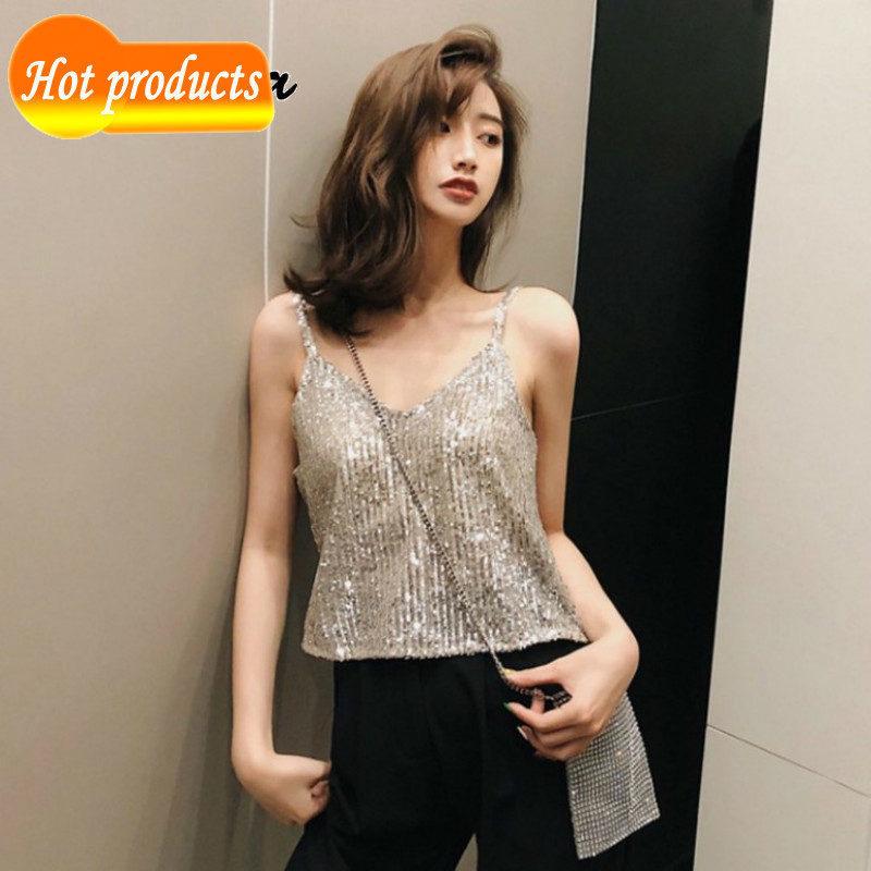

Sexy womens top prata lantejoulas costas sem mangas glitter strappy tank topos senhoras fasca camis v-neck colete festa clubwear S9PU, Silver