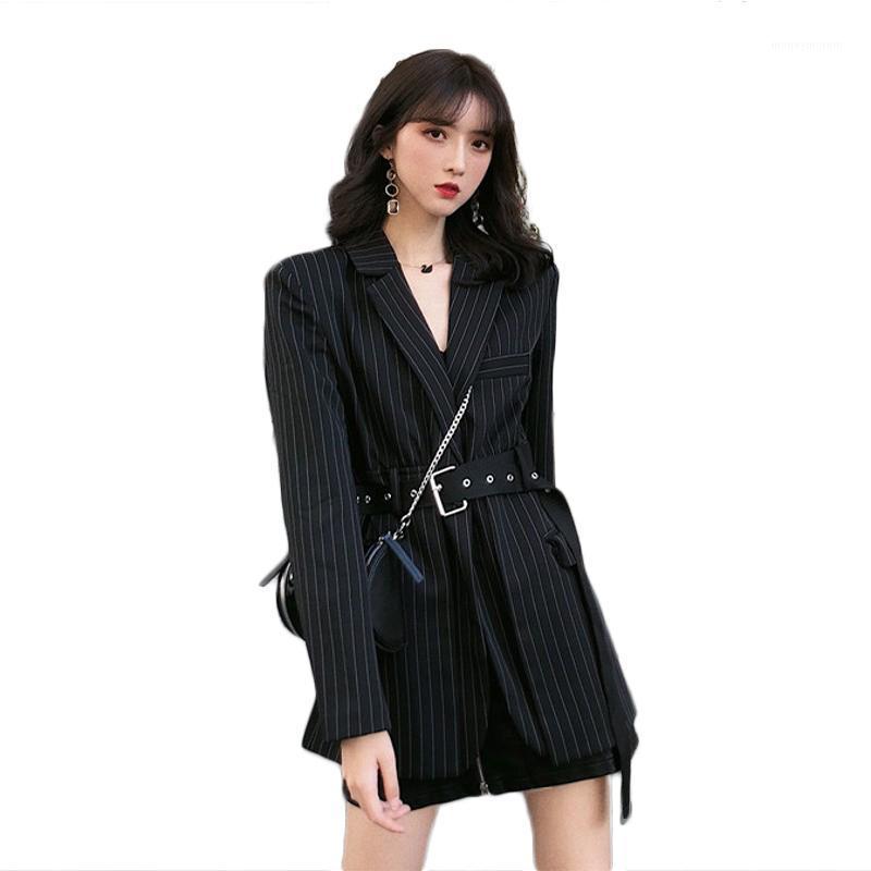 

Autumn Retro Striped Suit with Sashes Long Sleeves Long Blazer Coat Jacket Women Top OutwearFemme1, As pic