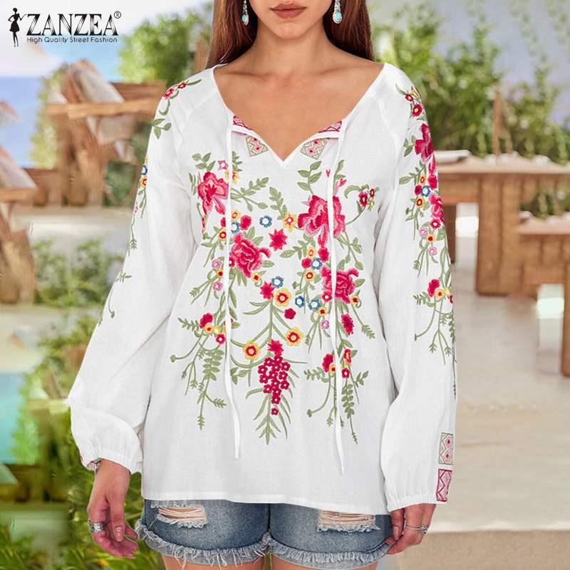 

ZANZEA 2020 ZAElegant Floral Tops Women' V Neck Blouse Casual Long Sleeve Shirts Female Printed Blusas Female Printed Tunic, Blue