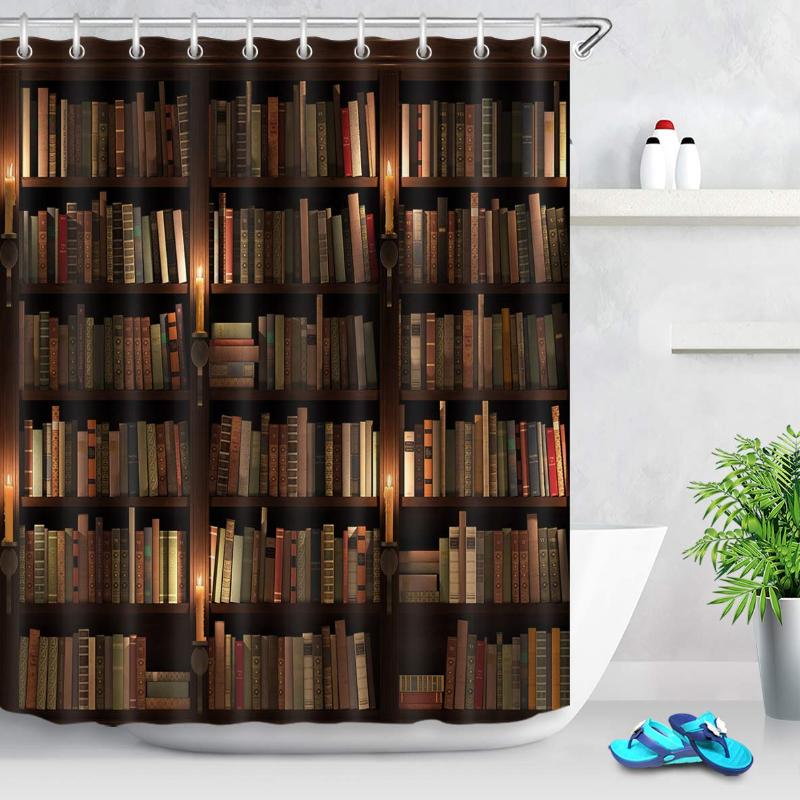 

Vintage Library Shower Curtain Books on Retro Shelf with Candles Neat Bookshelf Shower Curtain Night Bathroom Decor with 12