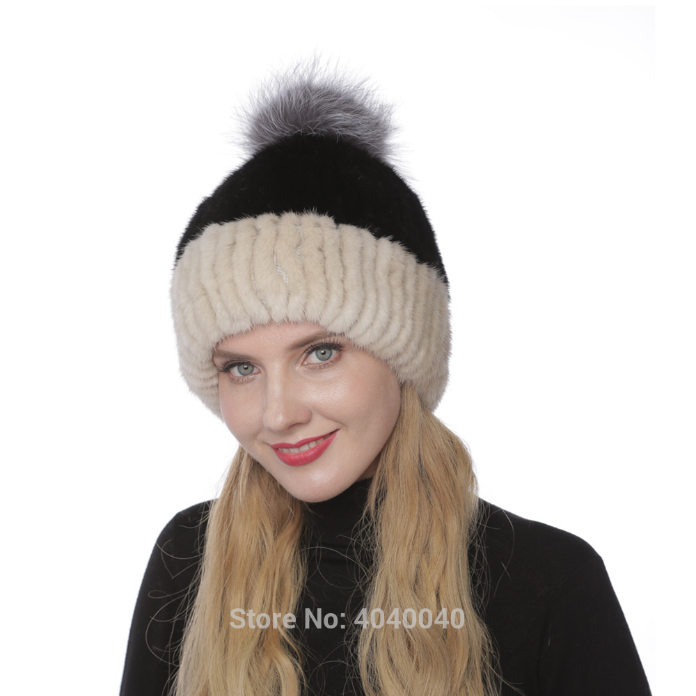 

Bravalucia Pompom Malha Women Mink Hat of Royal Silver Fox genuine Winter Fur In the Air Bomber Gorars Ski Free