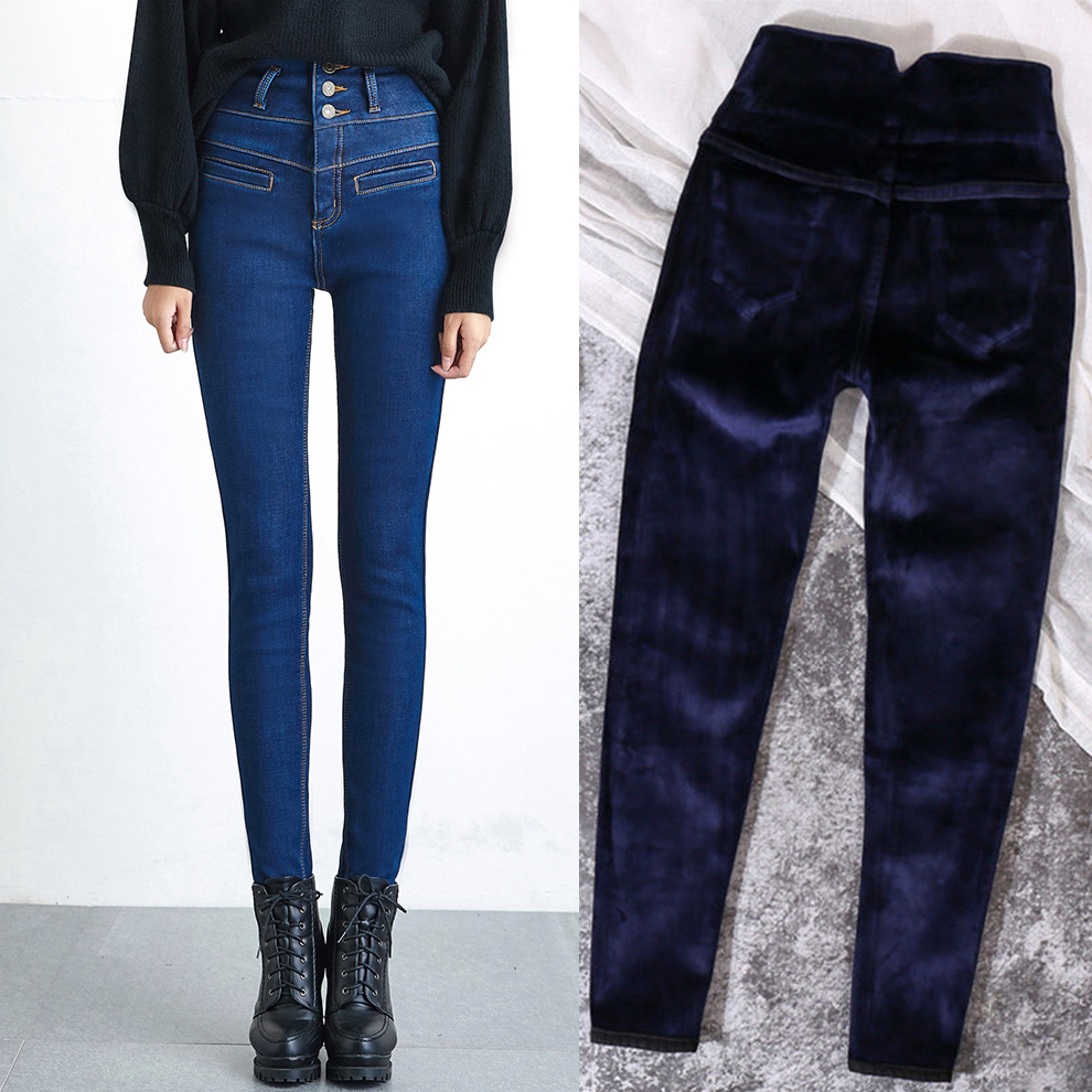 

High-waisted warm-waisted mother's winter brim pants of the vintage plus size, Blue