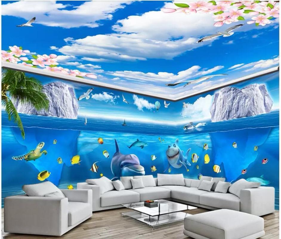 

3d photo wallpaper custom mural Ocean dolphin iceberg blue sky flowers landscape Whole House Wall room wallpaper for walls 3 d1, The ceiling