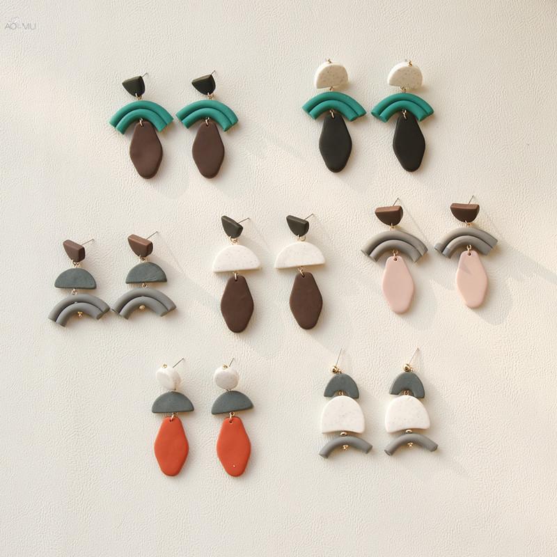 

AOMU 2021 New Design Colorful Ceramic Clay Geometric Irregular Hit Color Dangle Drop Earrings for Women Jewelry Gifts
