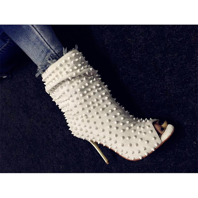 

Special Design White Rivet Studded Open Toe Boots Women Thin High Heels Stilettos Summer Ankle Boots Sexy Street Short, As picture