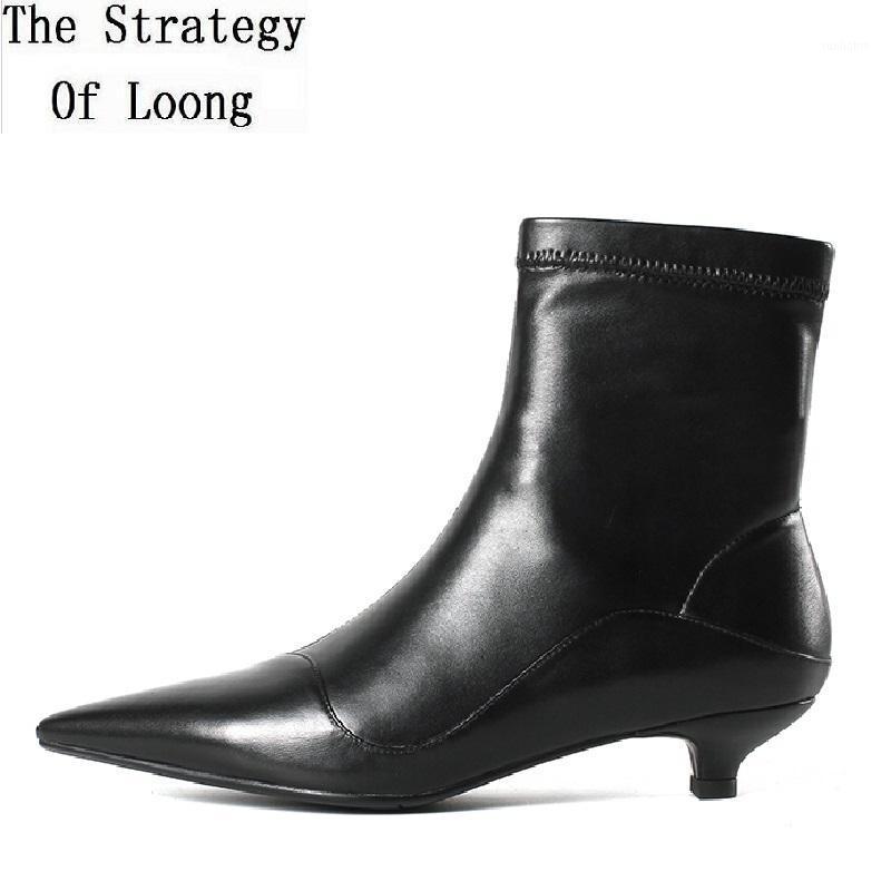 

Winter Fashion Slim Pointed Toe Women Plush Genuine Leather Ankle Stretch Boots Spring Autumn Lady Nubuck Short Lazy Boots 19111, Black 2