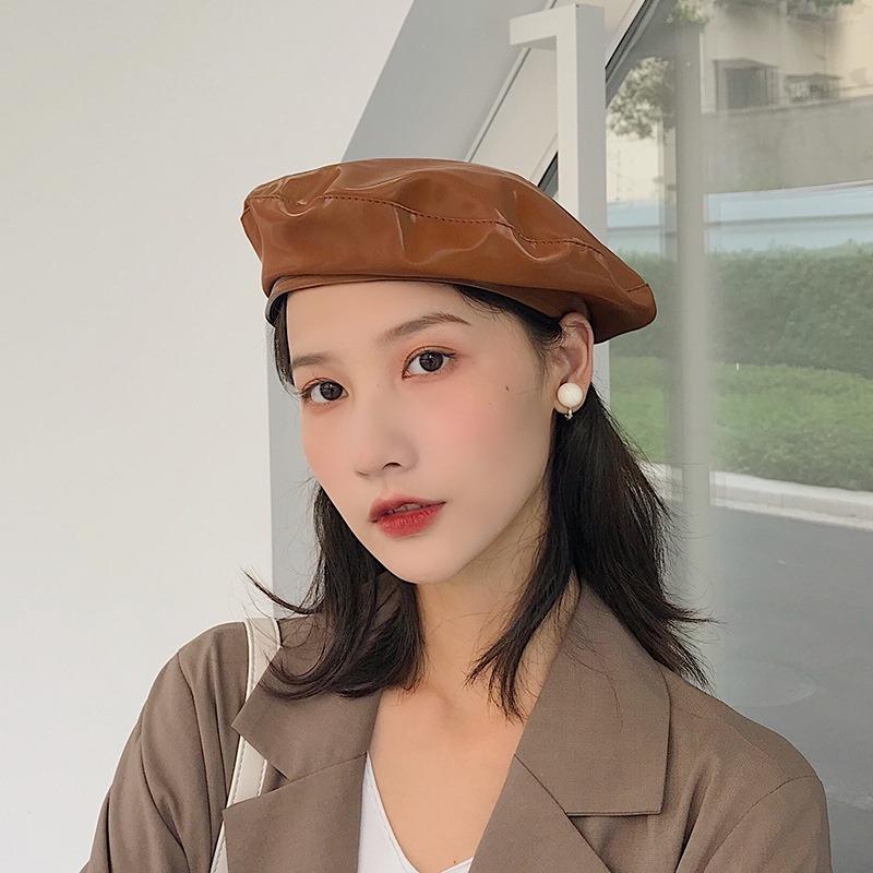 

Fashion Faux Leather Pu Beret Cap Men Women Leisure Painter Hat, Black