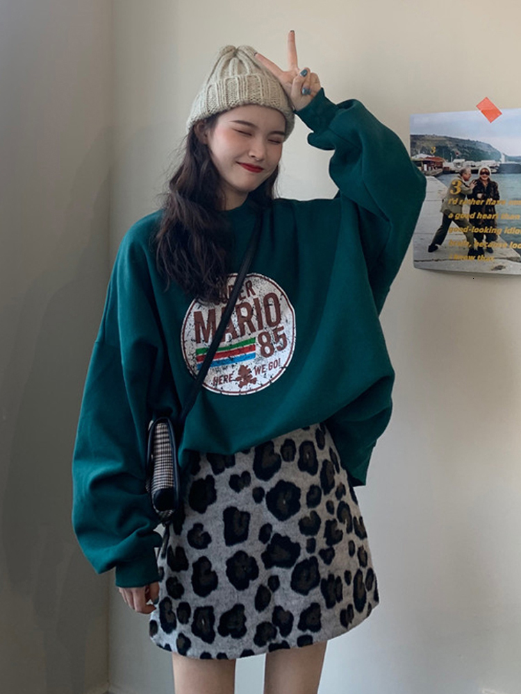 

2021 Loose Lazy Wind, Long Sleeve, Autumn New Printout, Velvet Style Women's Clothes. T3Q3, Green