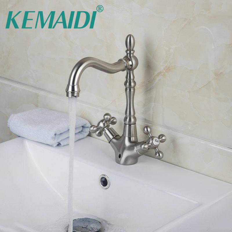 

KEMAIDI Solid Brass Nickel Brushed Swivel Hot And Cold Mixer Bathroom Faucet Tap 2 Handles Basin Faucet Bathroom Sink Mixer