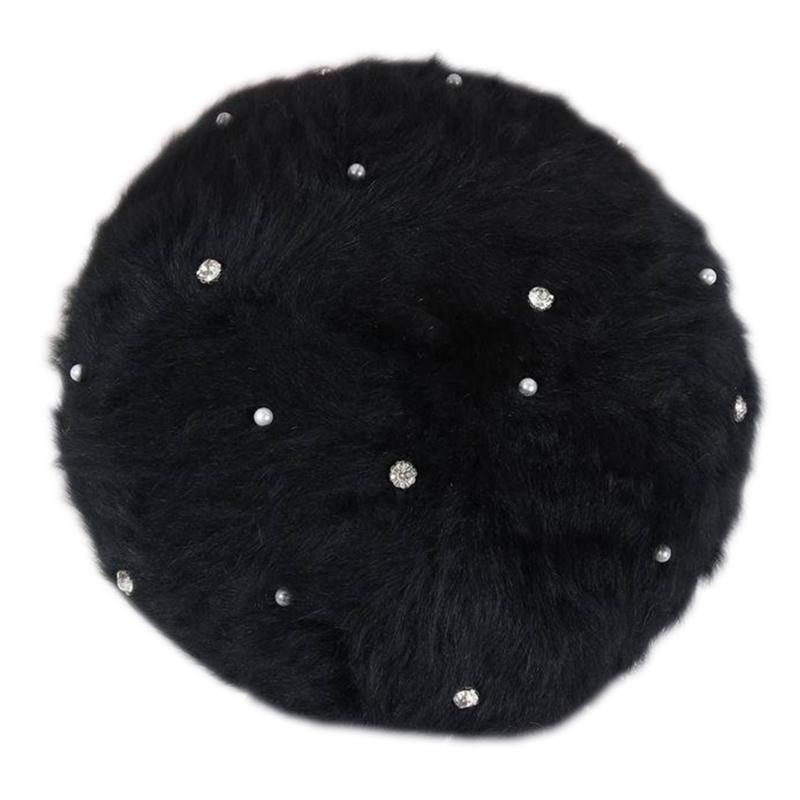 

Women Winter Fuzzy Plush Beret Cap Rhinestone Pearl Beading Painter Beanie Hat, Pk