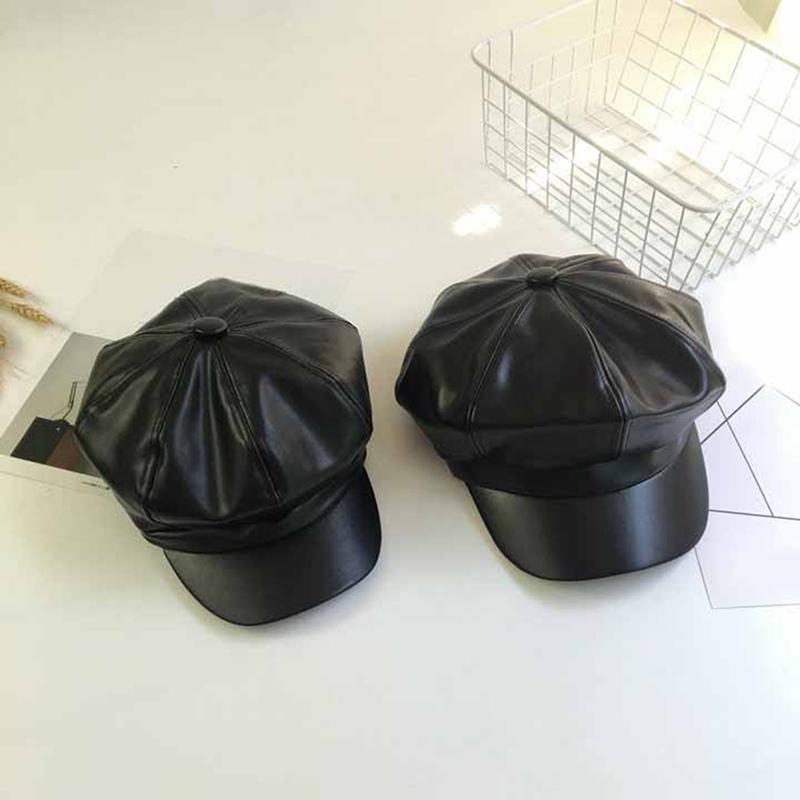 

Vintage Fashion Autumn Winter Caps1Pc 3 Colors Male Female Casual Solid Color PU Leather Octagonal Cap HOT SALE, Black