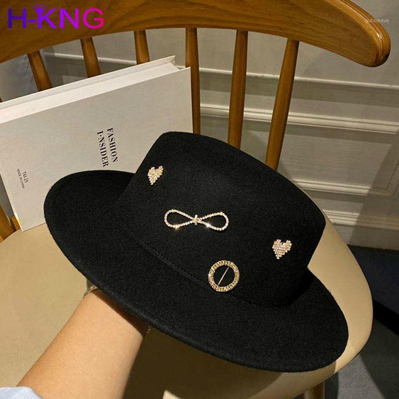 

Nobility Classic Solid Color Felt Fedoras Hat ForWomen Rhinestone Wool Blend Jazz Cap Wide Brim Simple Flat Top Hat1, Black