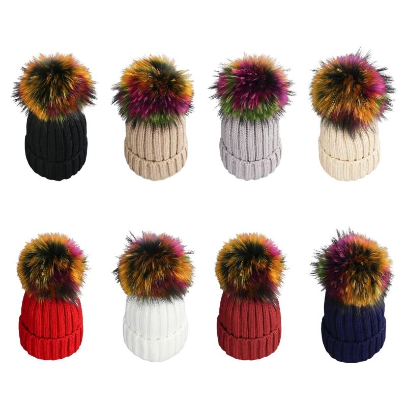 

Adult Kids Winter Ribbed Knitted Beanie Hat with Detachable Colorful Pom Pom Windproof Ski Cuffed Skull Cap Ear Warmer