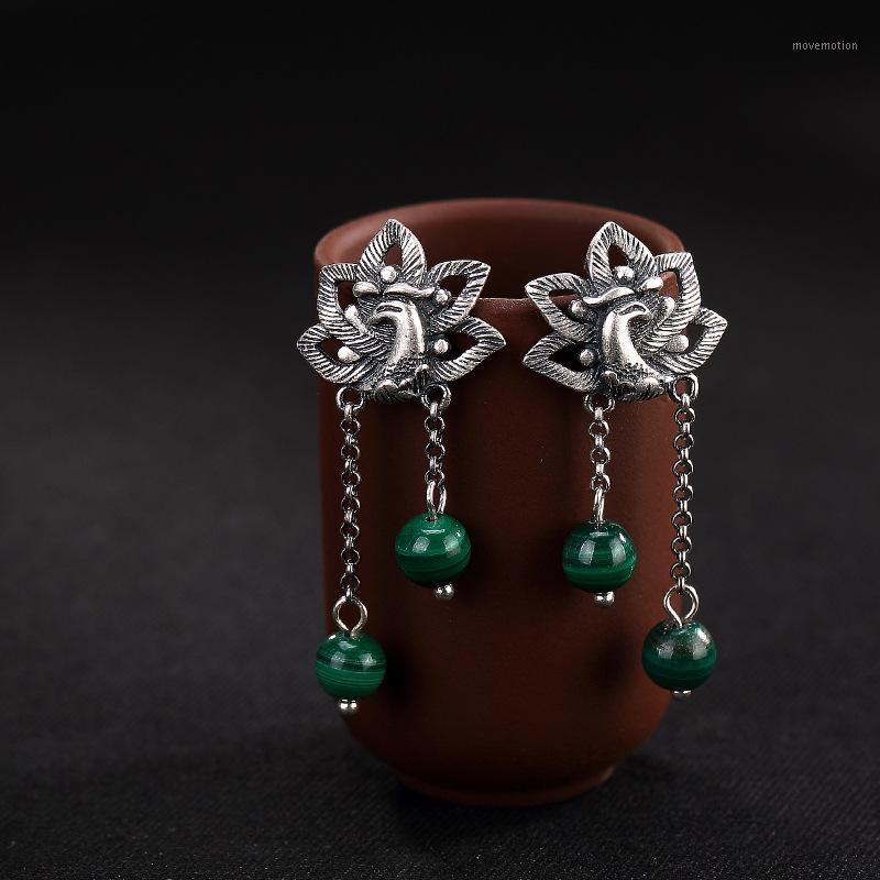 

S990 silver retro matte Phoenix malachite dorp earrings ladies sterling silver earrings for women jewelry wholesale1