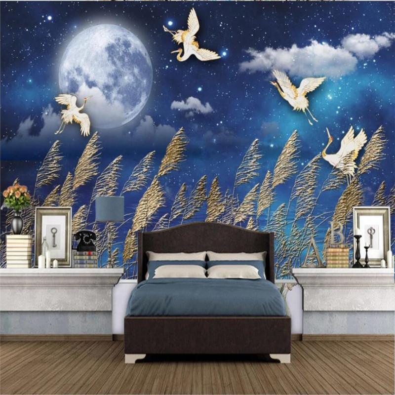 

Chinese Style Golden Reed Cranes Blue Background 3D Wallpaper Mural for Living Room Bedroom Walls 3D Wall Papers Home Decor, Canvas