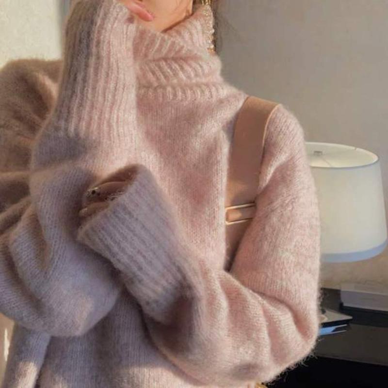

2020 Autumn Winter Casual Warm O-Neck Turtleneck Sweater Jumpers Women Vintage Soft Loose Female Knitted Pullovers, Beige
