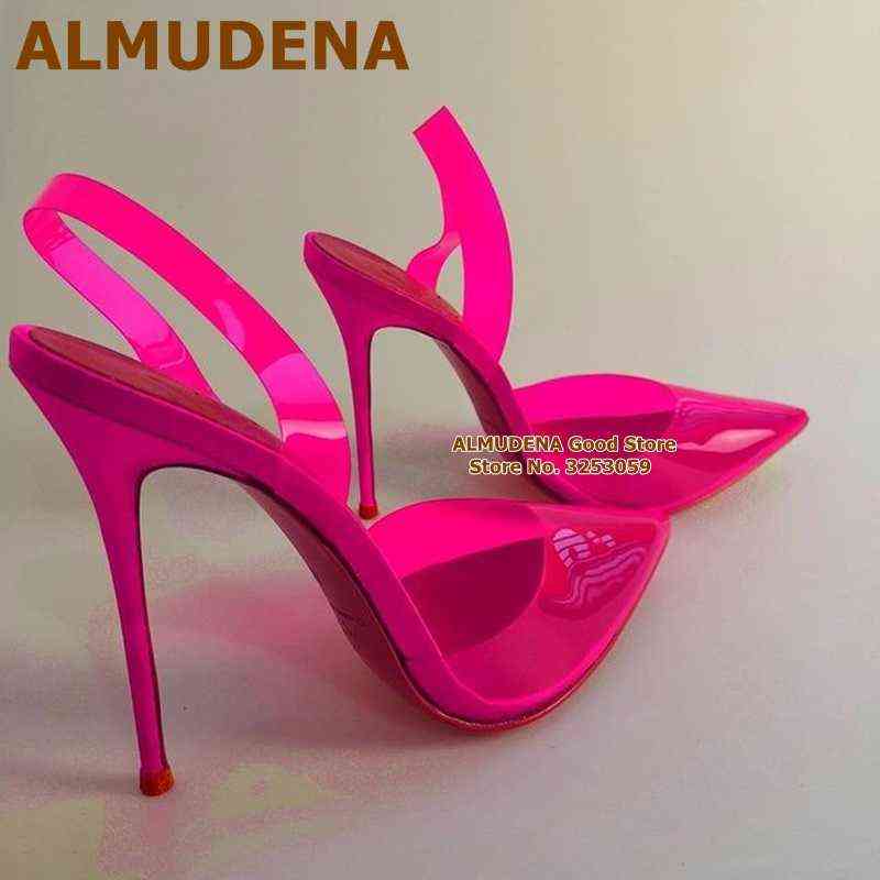 

ALMUDENA Clear Fuchsia Pink PVC High Heel Shoes Stiletto Heel Pointed Toe Transparent Wedding Pumps Designer Banquet Footwear Y220225, Brown