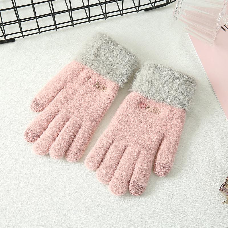 

Korean Knitted Gloves Lovely Women's Fur Warm Five Fingers Fashion Gloves Women Pink Satin Work