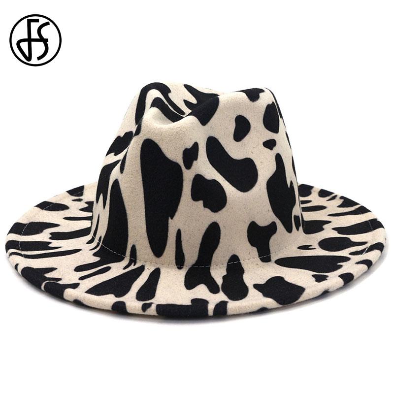 

FS Unisex Wool Felt Jazz Fedora Hats For Men Women Winter Cow Print Trilby Flat Wide Brim Panama Party Formal Cowboy Hat White