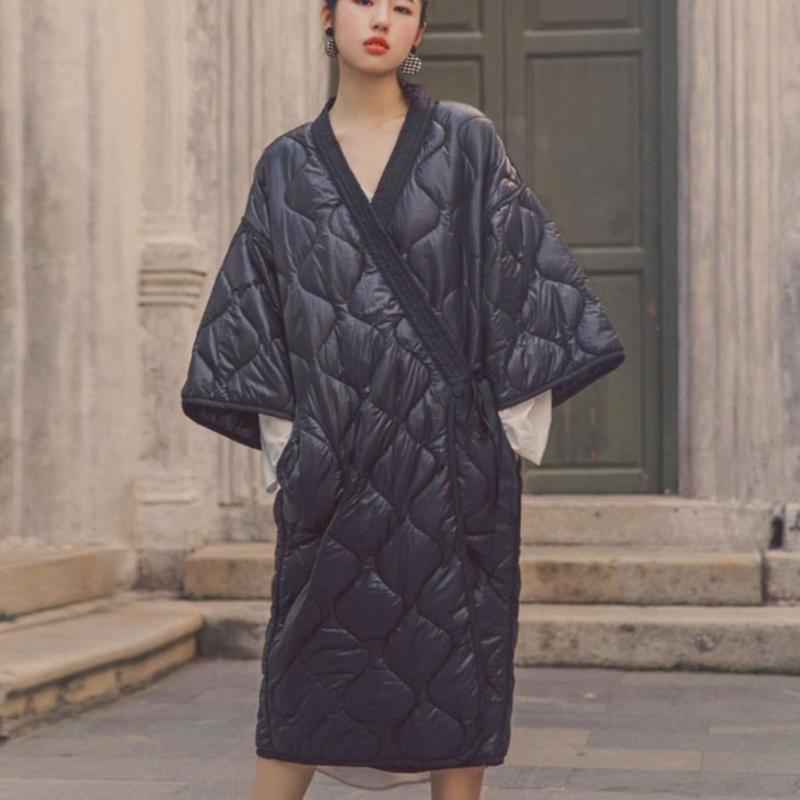 

Japanese style kimono bandage robe loose cotton padded jacket winter warm long coat 81VB, Black