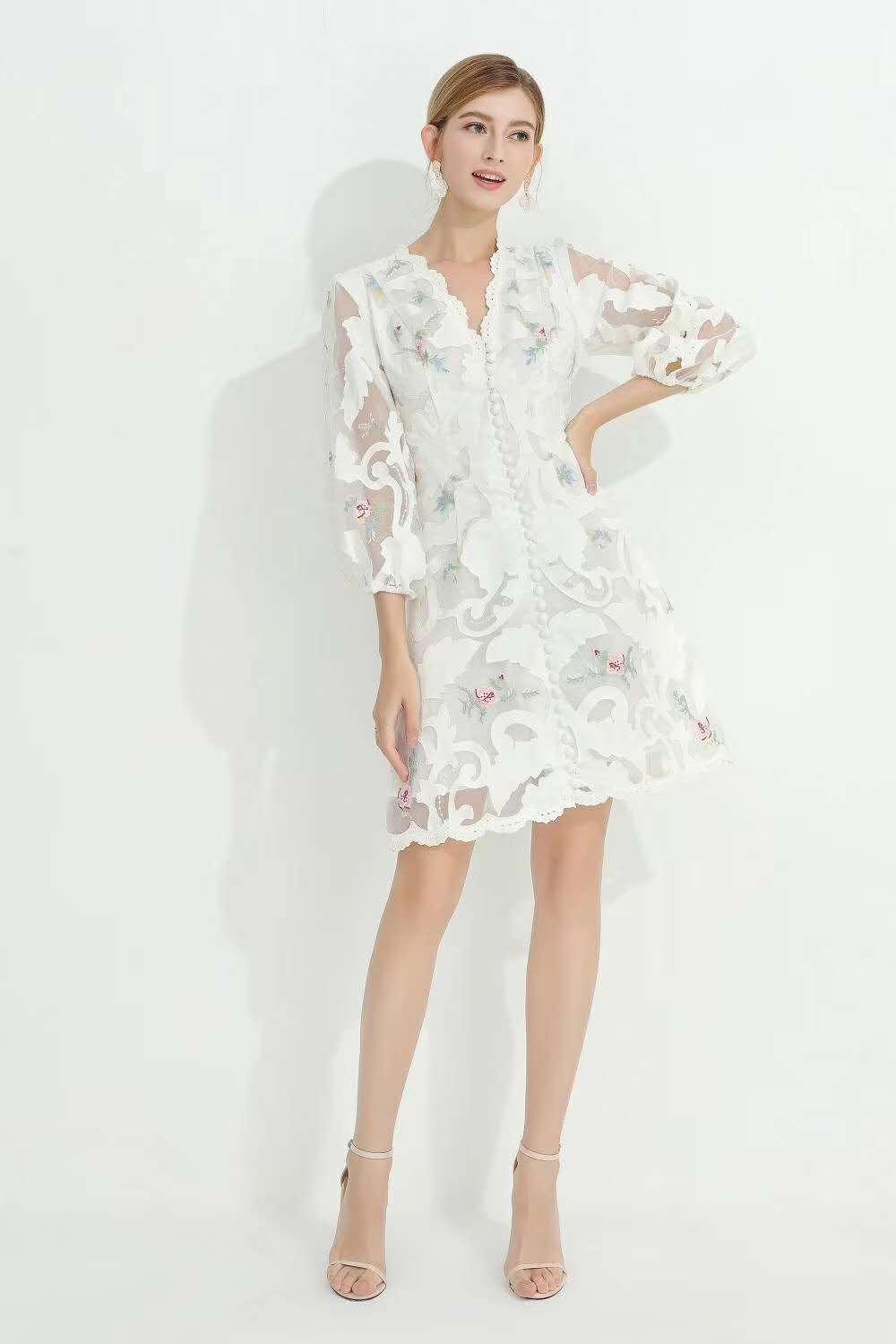 

Australian debutante dress 2020 Spring and autumn new v-neck style Lantern Sleeve single-row buckle slim a-line dress trend, As pic