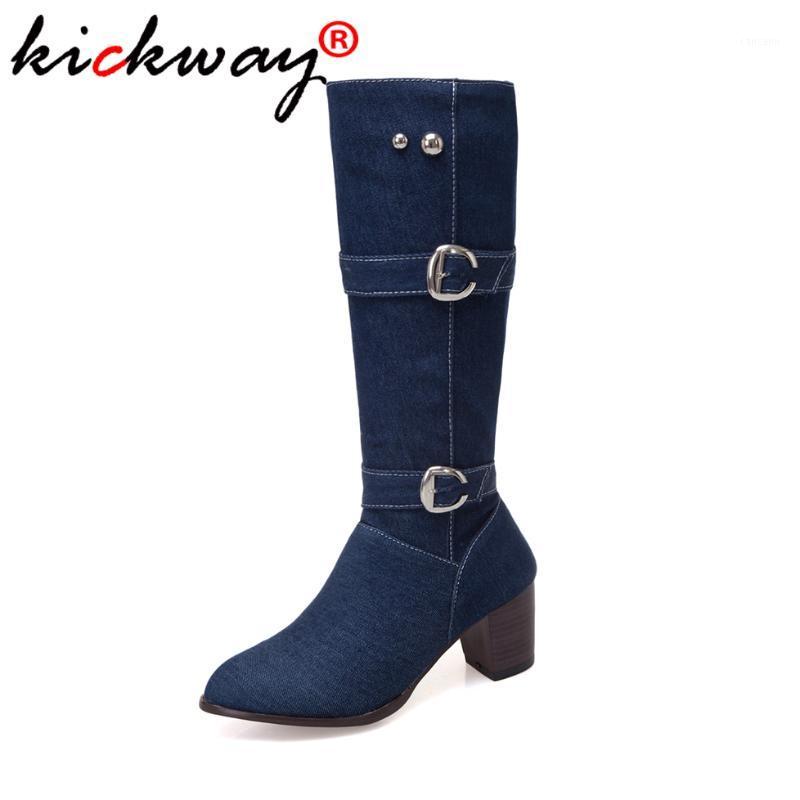 

Women Mid-calf Boots Winter Cotton Fabric Square Heel Boots Female Zipper Jeans Shoes Totem Metal Buckle Round Toe 34-481, Black