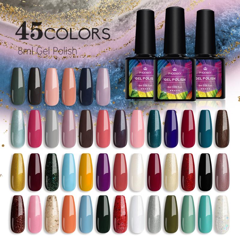 

Phoenixy 45Pcs/set Gel Nail Polish Set Color Gel UV Led Varnish Nail Art Design Soak Off Whole Set Glitter Learner Kit