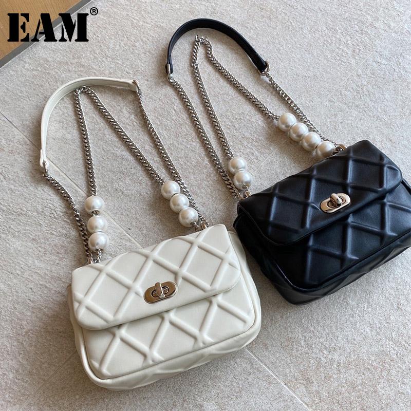 

[EAM] Women New Pearls Chains Argyle PU Leather Flap Personality All-match Crossbody Shoulder Bag Fashion Tide 2021 18A1460, Black