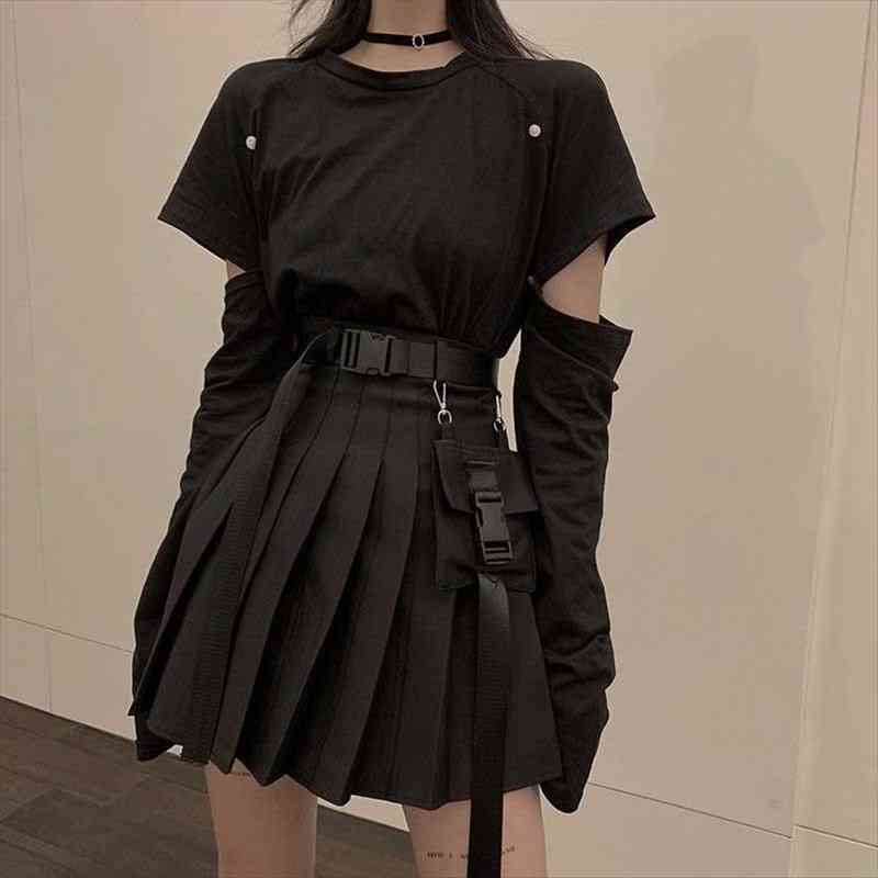 

gothic black set a-line women mini high waist skirt streetwear women punk style side pocket fashion design pleated skirt, Gray