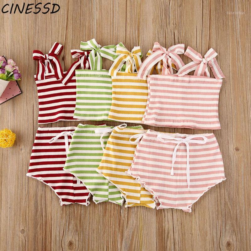 

2020 Summer Girls Clothes Set Children Kids Sling Striped Tops+Shorts 2Pcs Baby Girl Clothing Suit roupa infantil 0-24M1, Green