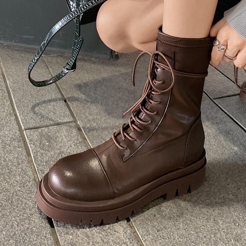 

Platform Cross Tie Fat With Women Boots Thick Sole Chuky Heels Ankle Boots Zipper Casual Women Shoes Spring Autumn All Match, Black