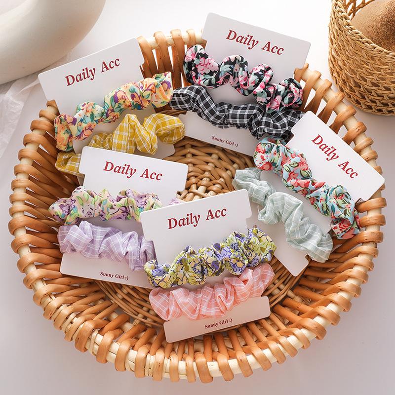 

2 Pcs/Set New Plaid Floral Fabric Large Intestine Hair Tie Cute Simple Sweet Gir Head Rope for Women Fashion Hair Accessories