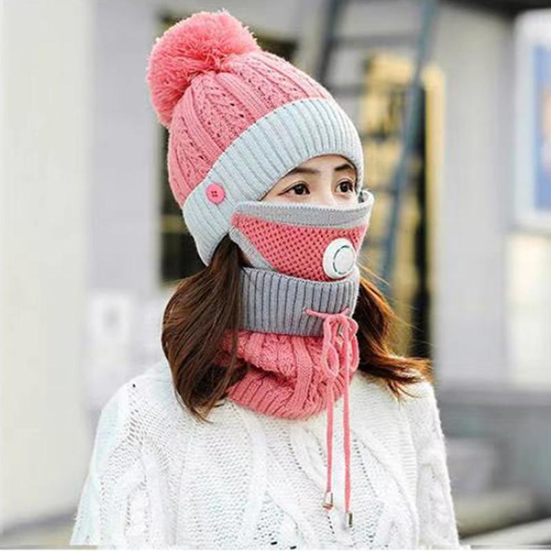 

Winter Cycling Hat Women 3 Piece Warm Wool Beanies Skullies Hats With Mask Collar Bib Female Velvet Thick Anti-Smog Knit Caps, Blue