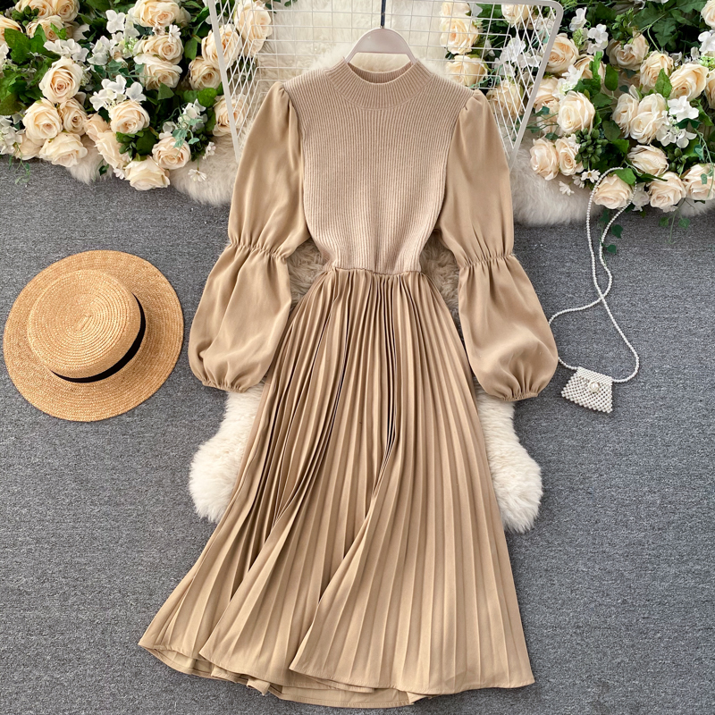 

2021 New female mesh neck puff line dressed in solid autumn long dress WD1W, Brown