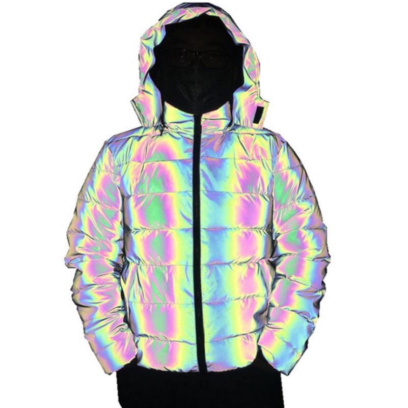 

Colorful Rainbow Reflective Parkas Winter Jacket Women Windbreaker Reflecting Glow Hooded Parka Young Men Warm Padded Coat, Black