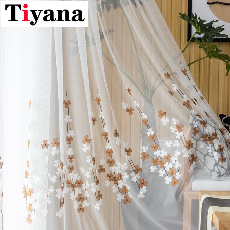 

Tiyana Sheer Curtains Embroidered Flower Design Voile Tulle For Kitchen Living Room Window Gauze Door Curtain Drapes Panel M155Y, Pattern pn bottom