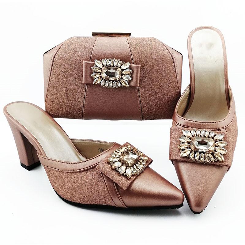 

Beautiful peach women dress shoes match handbag with rhinestone style African pumps and bag set for party QSL012,heel 9CM, Pink