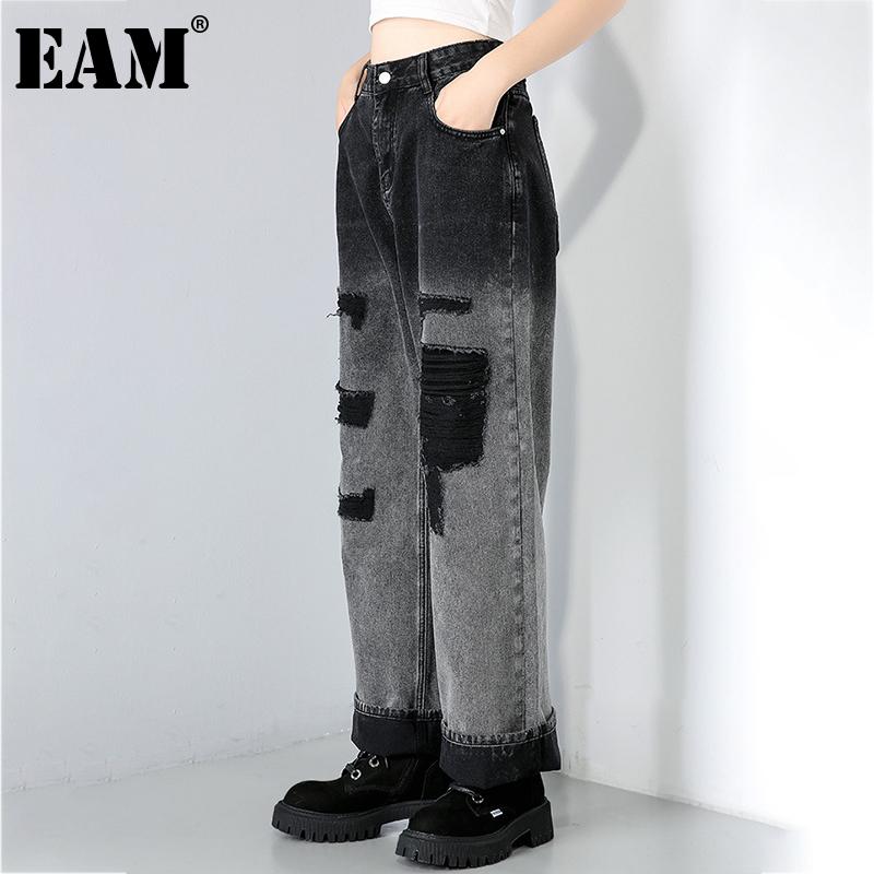 

EAM] High Waist Black Hole Long Denim Wide Leg Trousers New Loose Fit Pants Women Fashion Tide Spring Autumn 2020 1DD1795