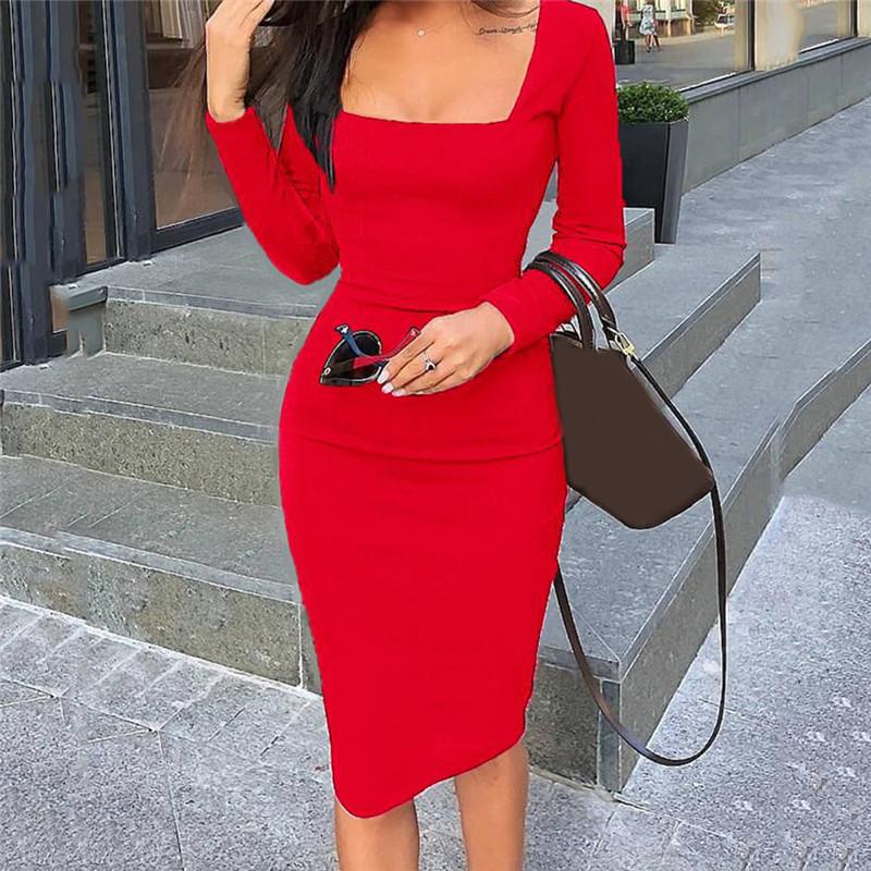 

Elegant Dress Women Long Sleeve Bodycon Dress Ladies Autumn Casual Party Xmas Warm Cotton Winter Hot, Black